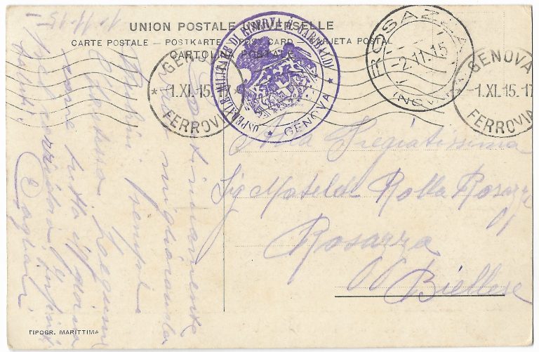 Ospedale Militare di Riserva Garibaldi per Rosazza con bollo arrivo da Genova 1915_F