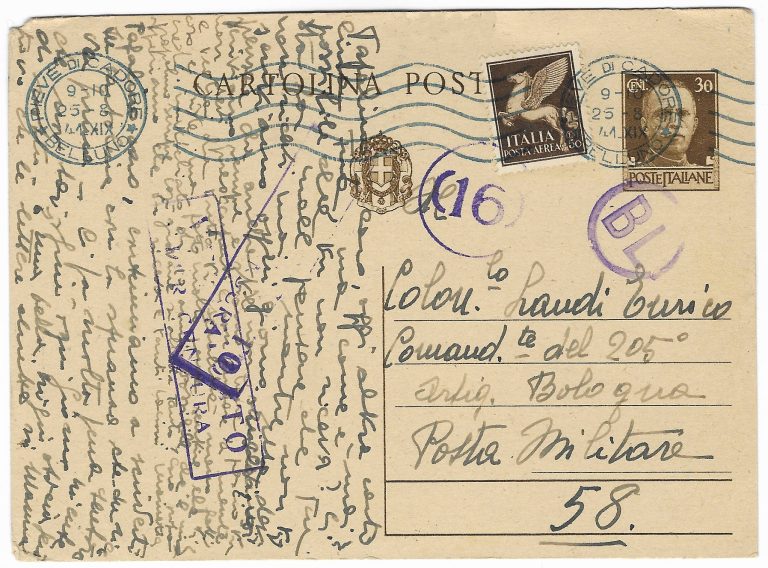 cartolina postale Imperiale c.30 con annullo meccanico in azzurro di Pieve di Cadore con sopratassa aerea c