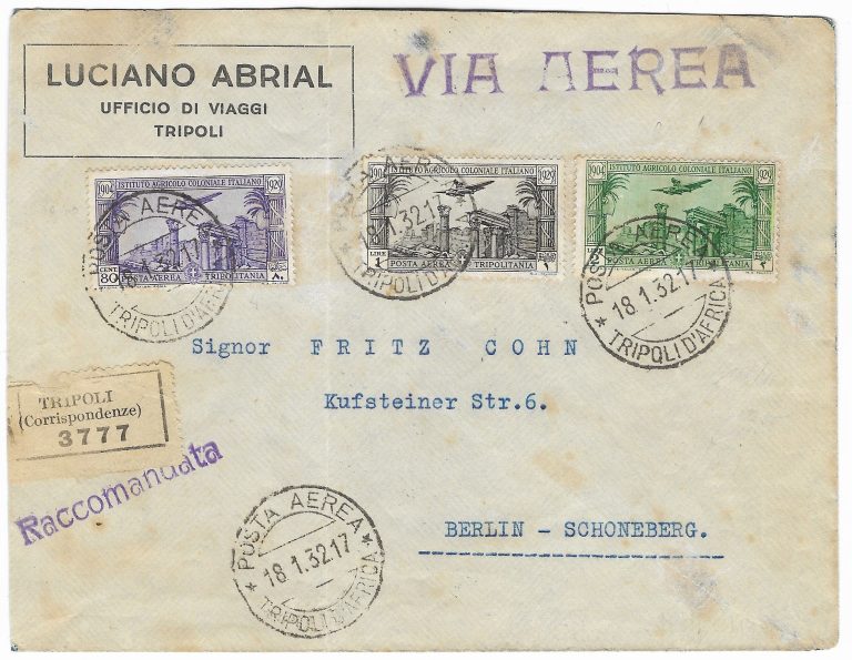 raccomandata via aerea Tripolitania istituto agricolo c.80 +L.1 + L