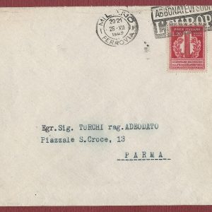 targhetta pubblicitaria ABBONATEVI L'EUROPEO su busta per Parma 1949