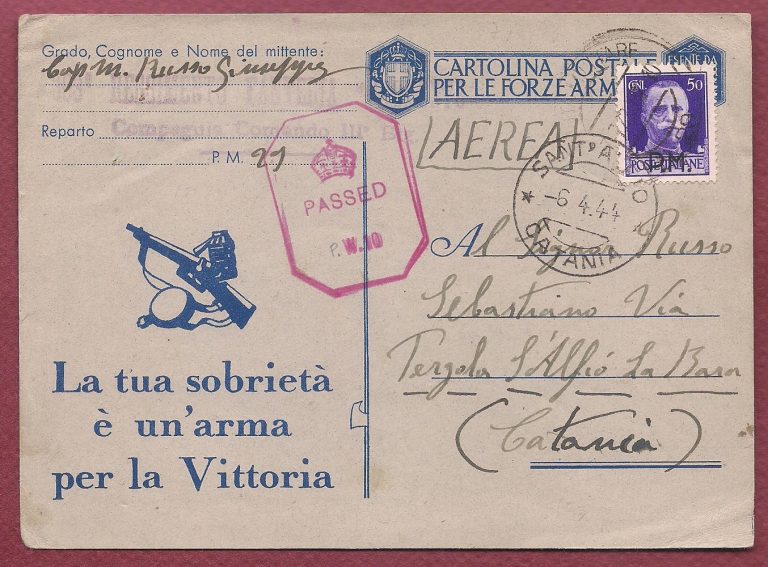 blocco della corrispondenza per la siciliasu franchigia con sopratassa Posta Aerea 1943-44 retro